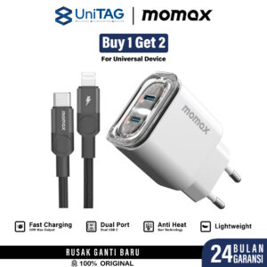 [BUY 1 GET 2] Momax Charger Adaptor 35W GaN Fast Charging USB C 2 Port + Kabel Charger iPhone Samsung