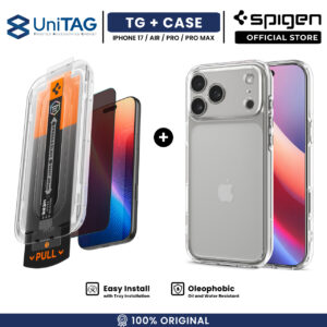 [Pro Bundle] Spigen for iPhone 17 Air Pro Max Tempered Glass with Tray GlastR EZ Fit Pro HD Privacy Anti Spy + Pelindung HP Spigen Ultra Hybrid Crystal Clear Case Anti Yellowing